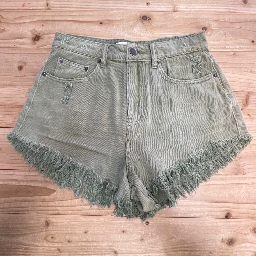 Mustard Seed Denim Shorts Distressed Frayed‎ Hem Casual Green Size S